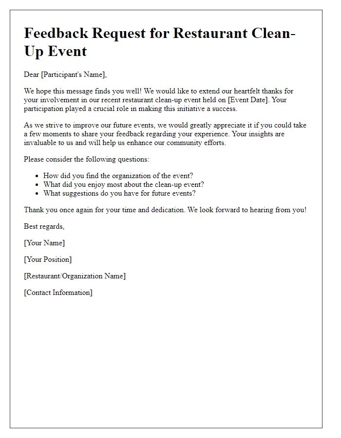 Letter template of feedback request for restaurant clean-up event involvement