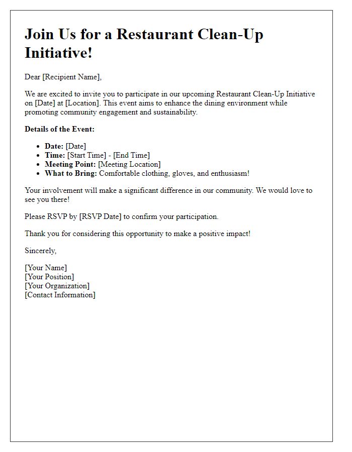 Letter template of invitation for participation in restaurant clean-up initiative