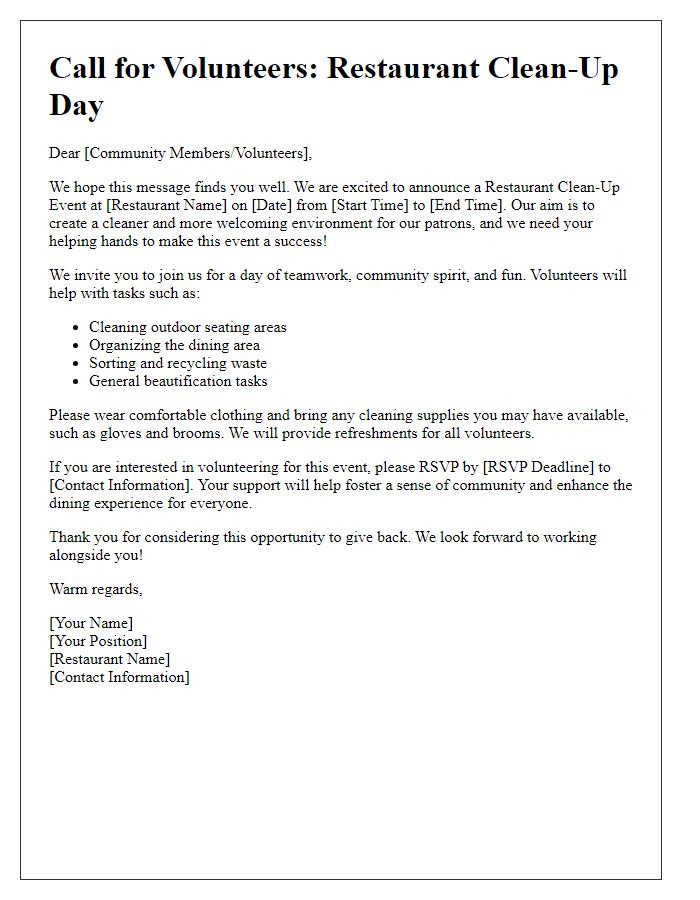 Letter template of request for volunteers for restaurant clean-up event