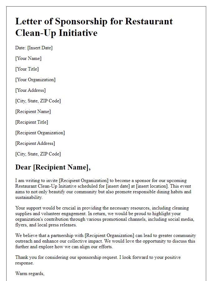 Letter template of sponsorship for restaurant clean-up initiative