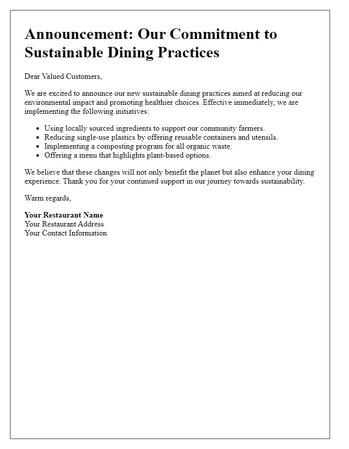 Letter template of announcement for our sustainable dining practices