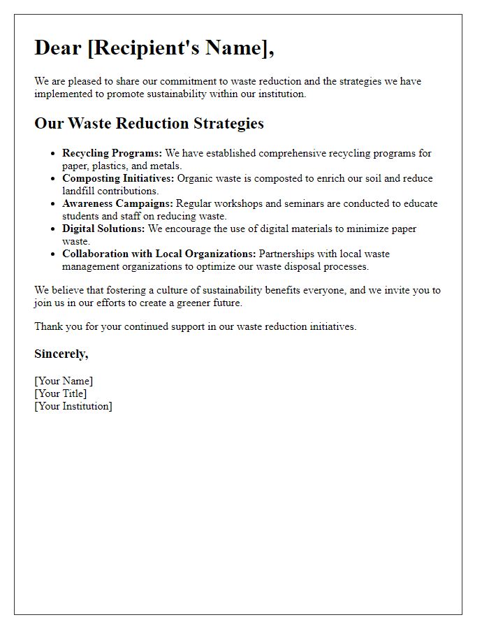 Letter template of education on our waste reduction strategies