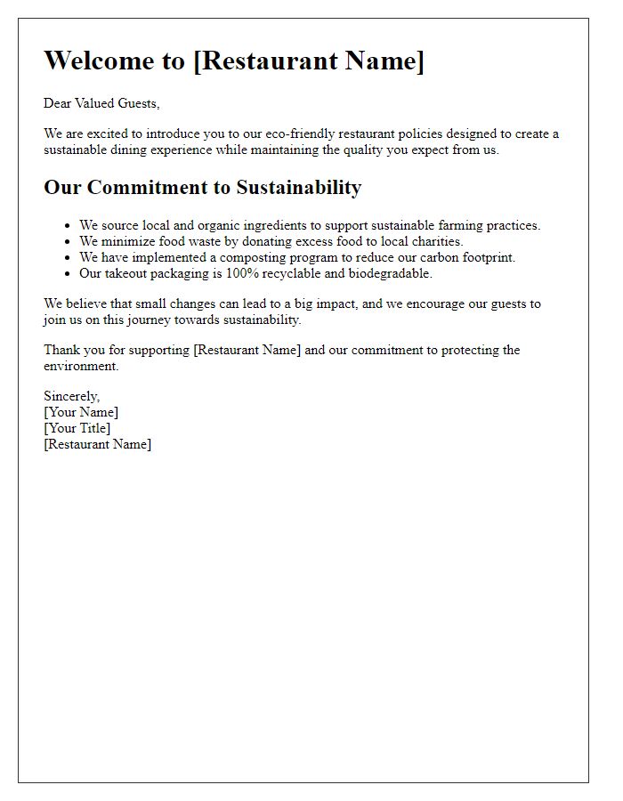 Letter template of introduction to our eco-friendly restaurant policies