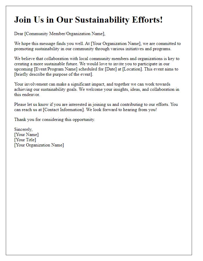 Letter template of outreach for community involvement in our sustainability efforts