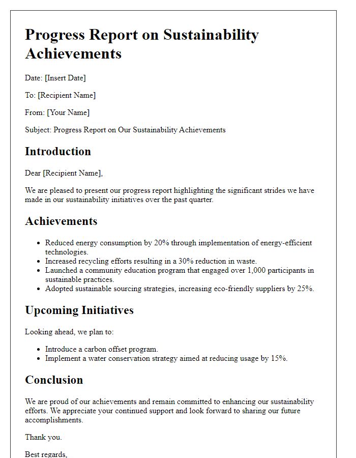 Letter template of progress report on our sustainability achievements