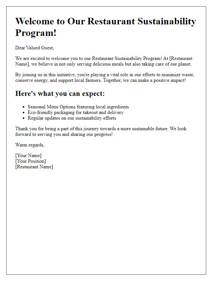 Letter template of welcome to our restaurant sustainability program