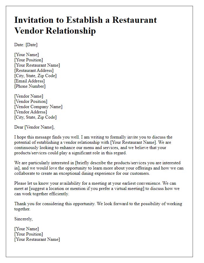 Letter template of Invitation to Establish a Restaurant Vendor Relationship