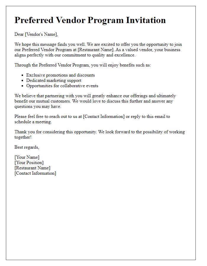 Letter template of Preferred Vendor Program Invitation for Restaurants