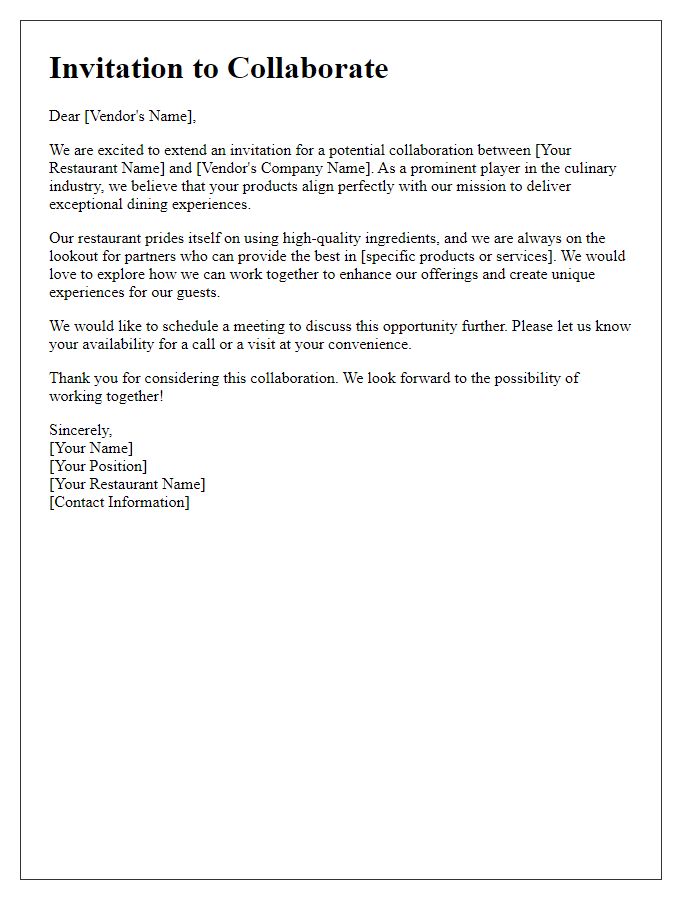 Letter template of Restaurant Vendor Collaboration Invitation