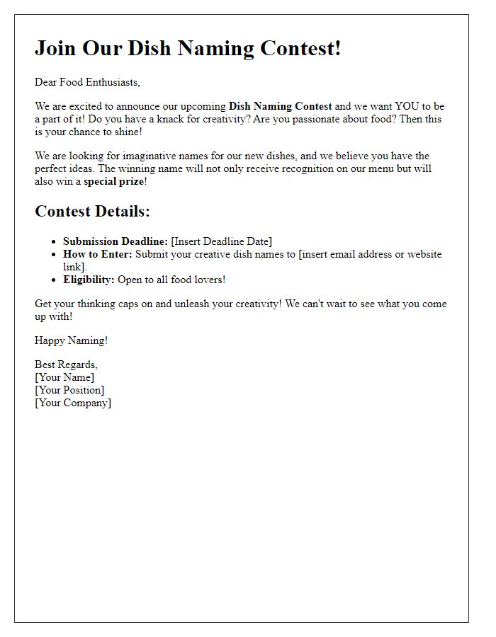 Letter template of Call for Creative Names: Join Our Dish Naming Contest