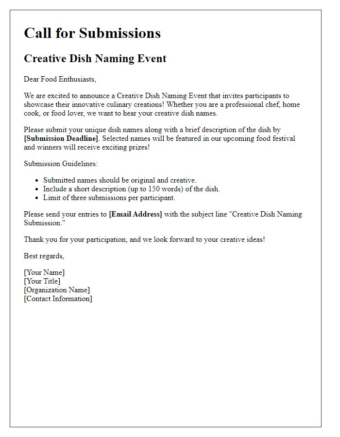 Letter template of Call for Submissions: Creative Dish Naming Event