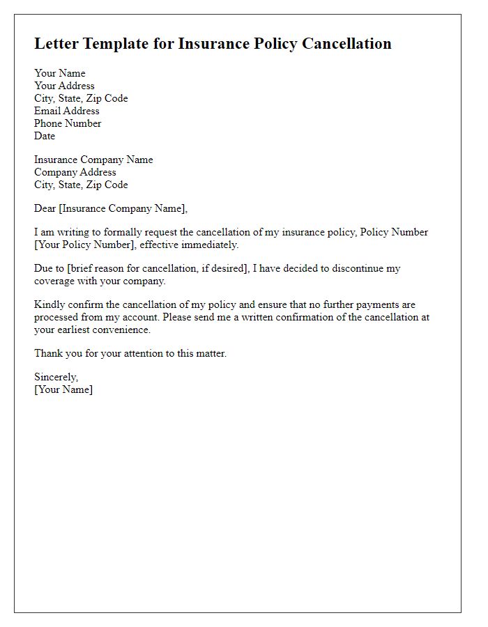 Letter template of application for insurance policy cancellation.