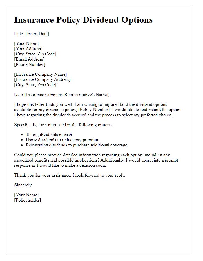 Letter template of correspondence for insurance policy dividend options.