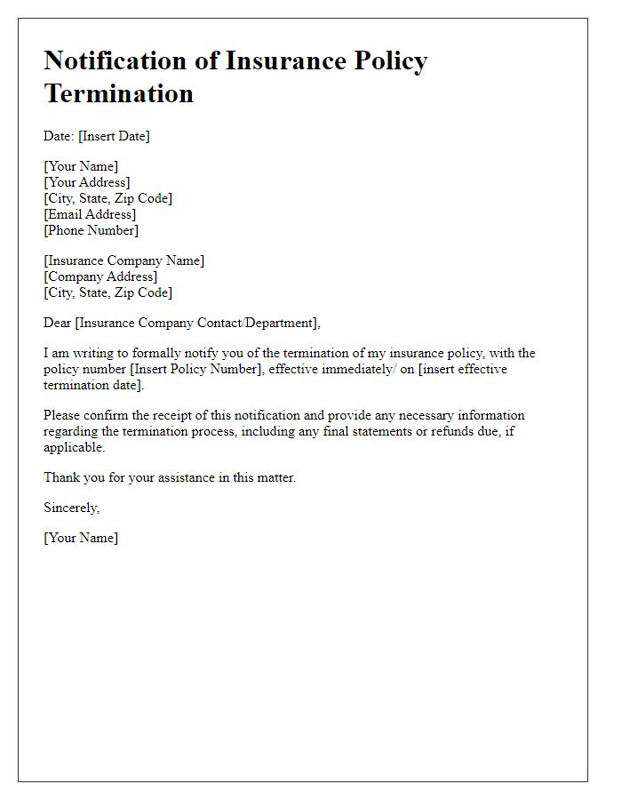 Letter template of notification for terminating insurance policy.