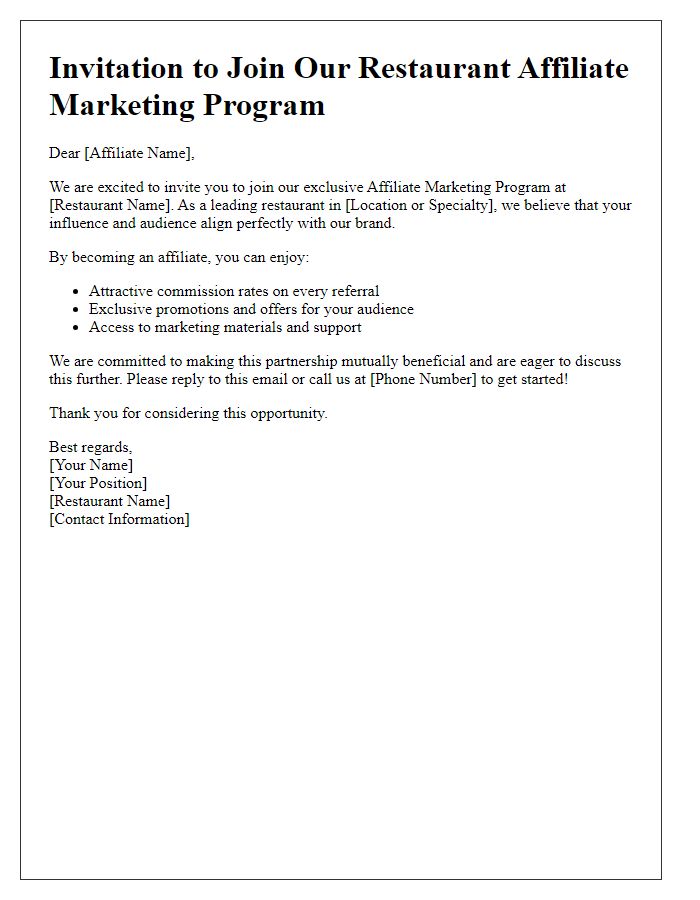 Letter template of restaurant affiliate marketing program invitation