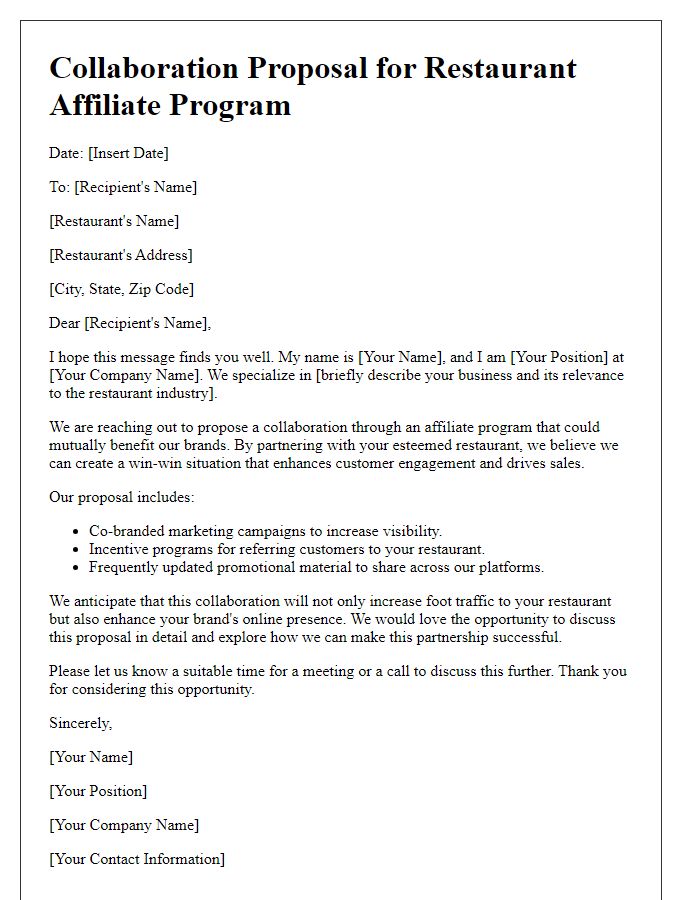 Letter template of restaurant affiliate program collaboration proposal