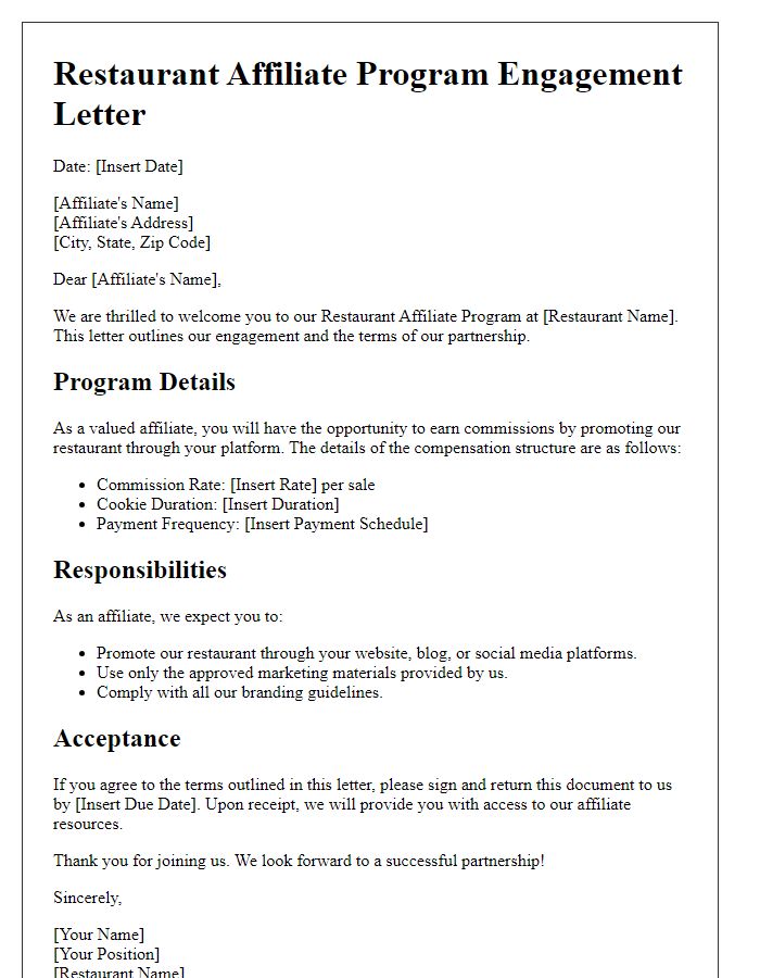 Letter template of restaurant affiliate program engagement letter