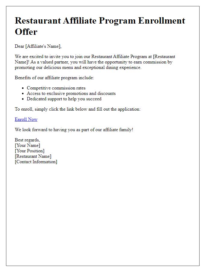 Letter template of restaurant affiliate program enrollment offer