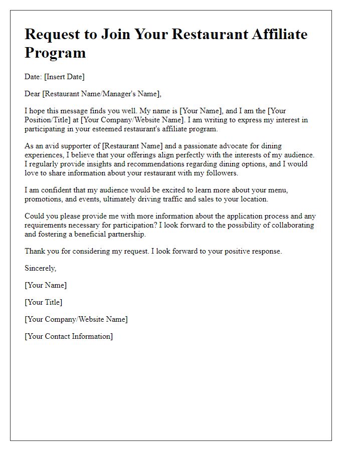 Letter template of restaurant affiliate program participation request