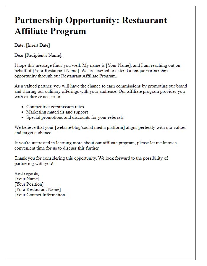 Letter template of restaurant affiliate program partnership opportunity