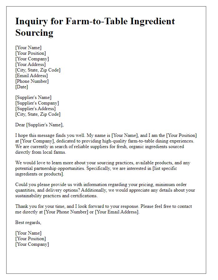 Letter template of inquiry for farm-to-table ingredient sourcing.