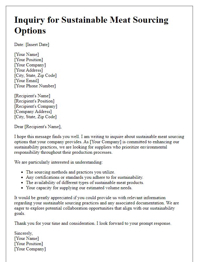 Letter template of inquiry for sustainable meat sourcing options.