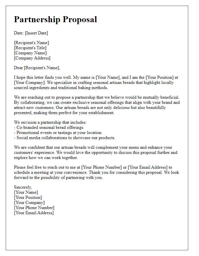 Letter template of proposal for seasonal artisan bread partnerships.