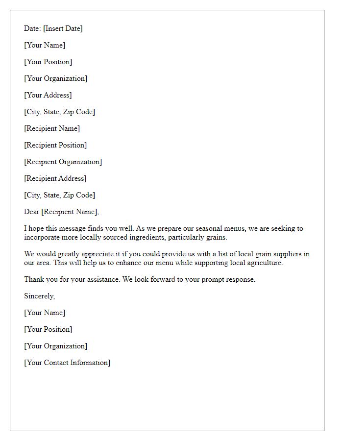 Letter template of request for local grain supplier list for seasonal menus.