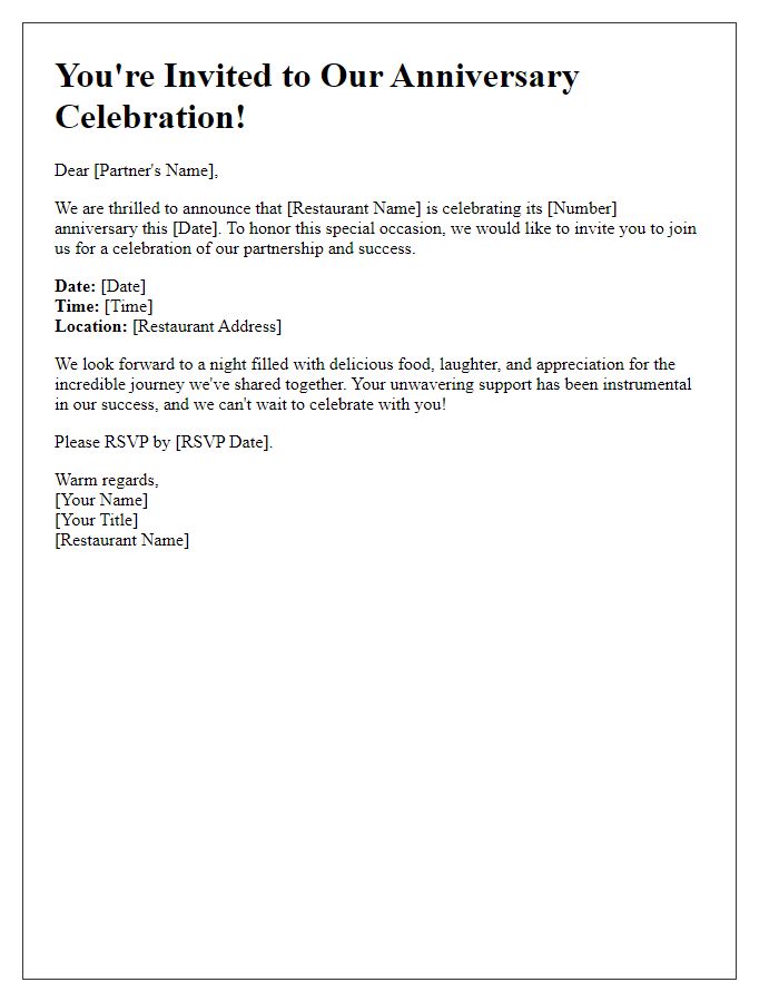 Letter template of restaurant anniversary celebration invitation for delivery partners.