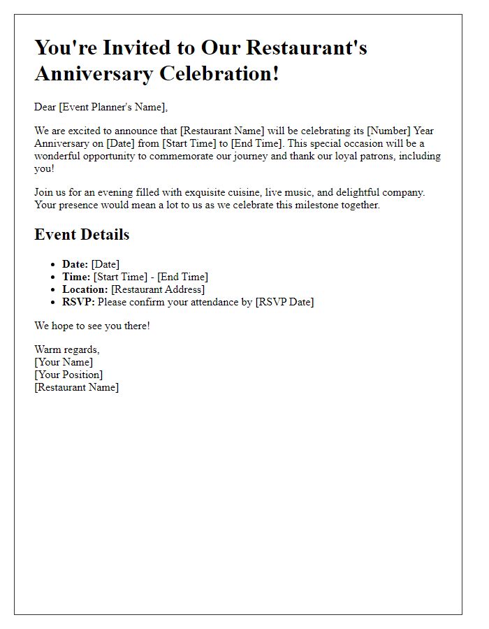 Letter template of restaurant anniversary celebration invitation for event planners.