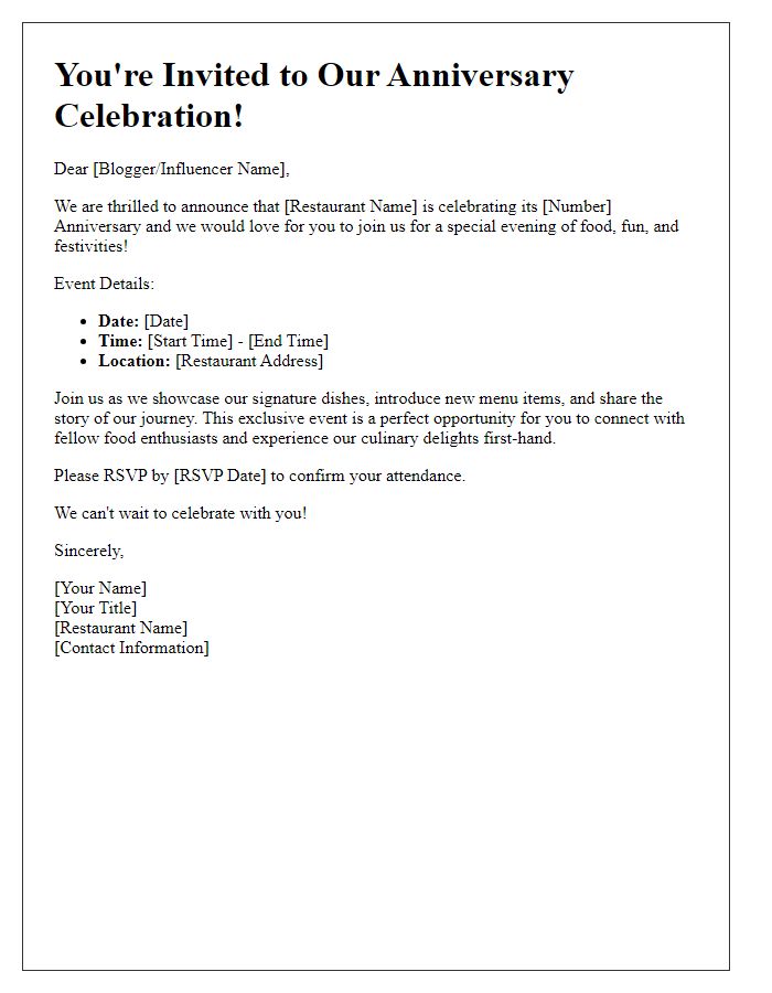 Letter template of restaurant anniversary celebration invitation for food bloggers and influencers.