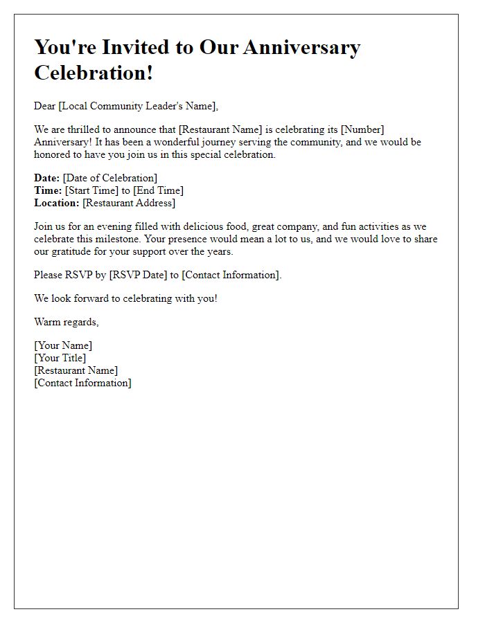 Letter template of restaurant anniversary celebration invitation for local community leaders.