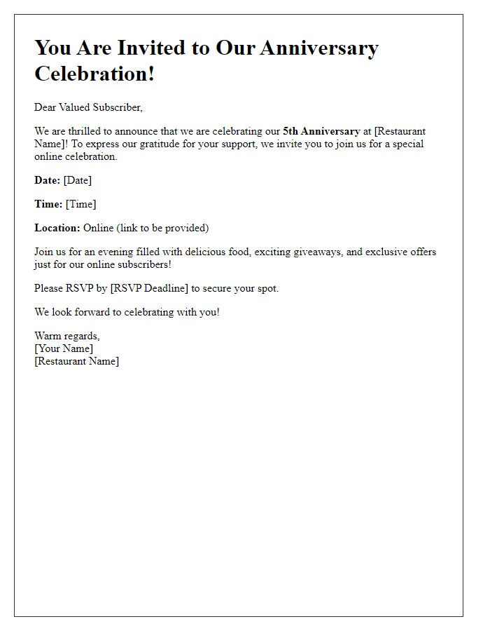 Letter template of restaurant anniversary celebration invitation for online subscribers.