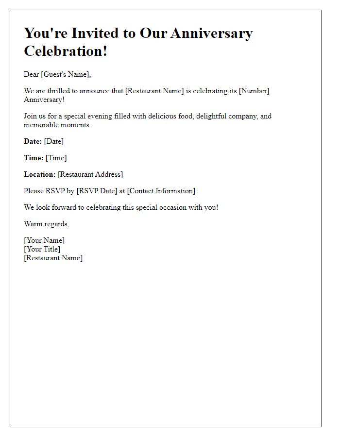 Letter template of restaurant anniversary celebration invitation for special guests.