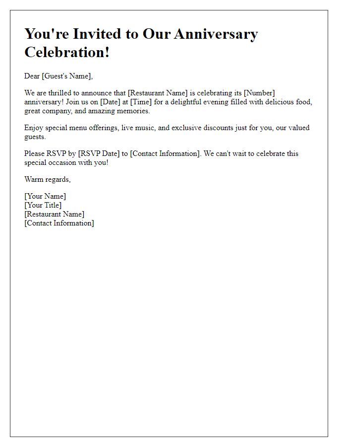 Letter template of restaurant anniversary celebration invitation