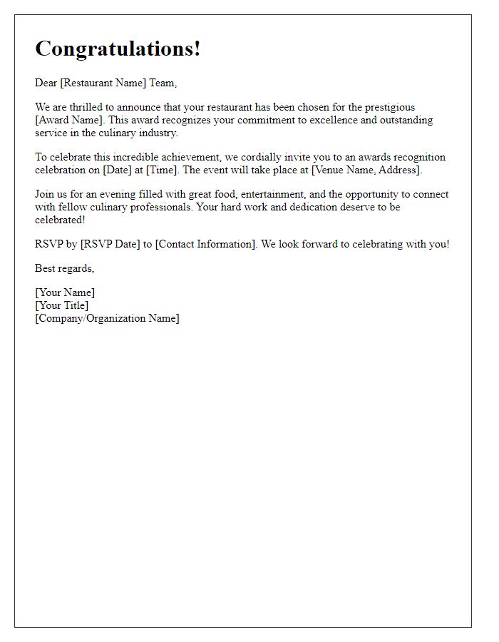 Letter template of restaurant awards recognition celebration news