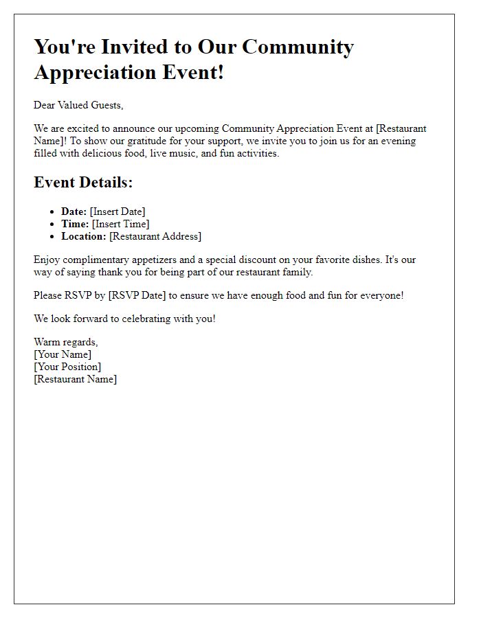 Letter template of restaurant community appreciation event announcement