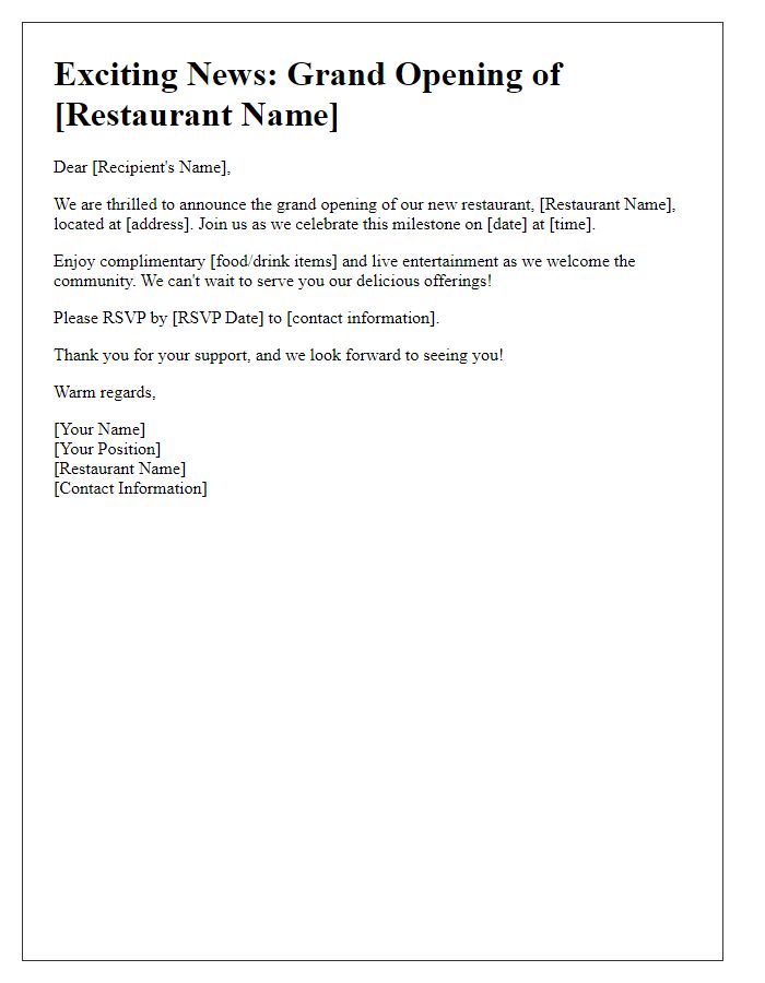 Letter template of restaurant grand opening milestone notification