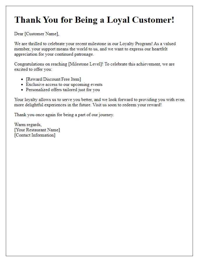 Letter template of restaurant loyalty program milestone appreciation