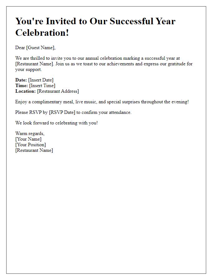 Letter template of restaurant successful year celebration invitation