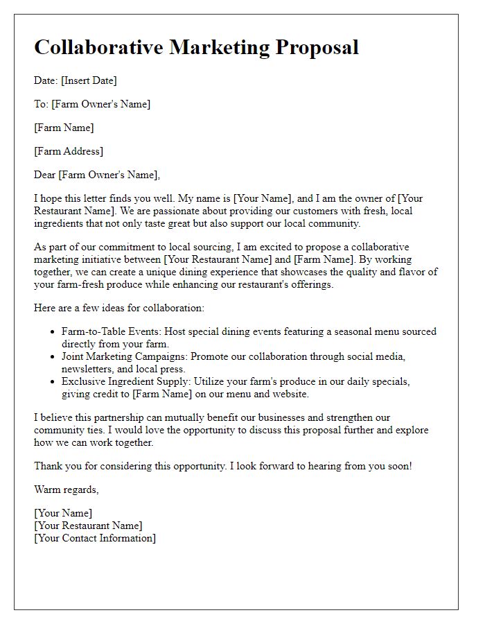 Letter template of collaborative marketing proposal for the restaurant and local farm synergy.