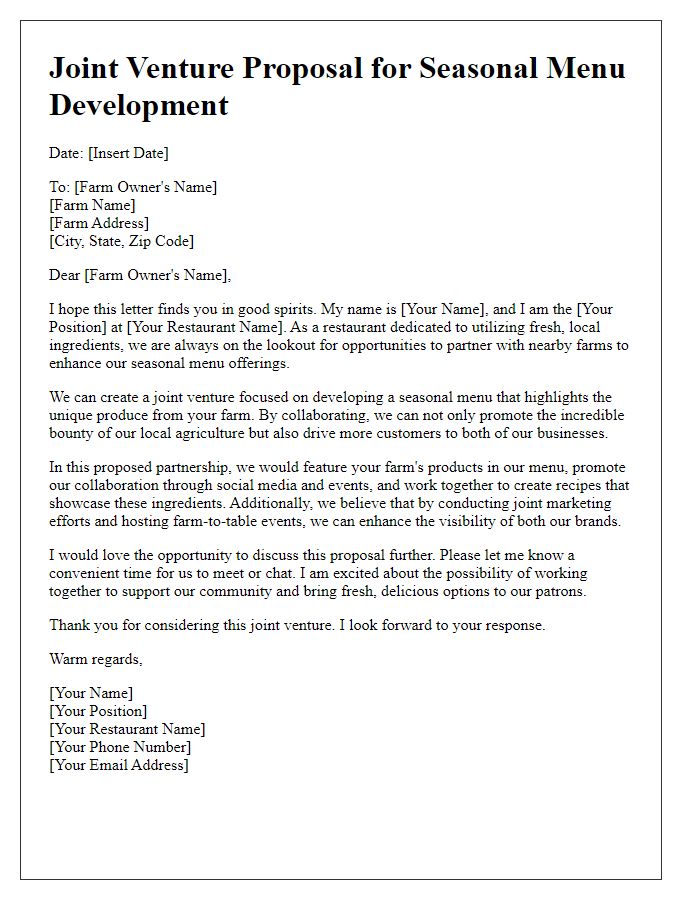 Letter template of joint venture proposal for seasonal menu development with nearby farms.