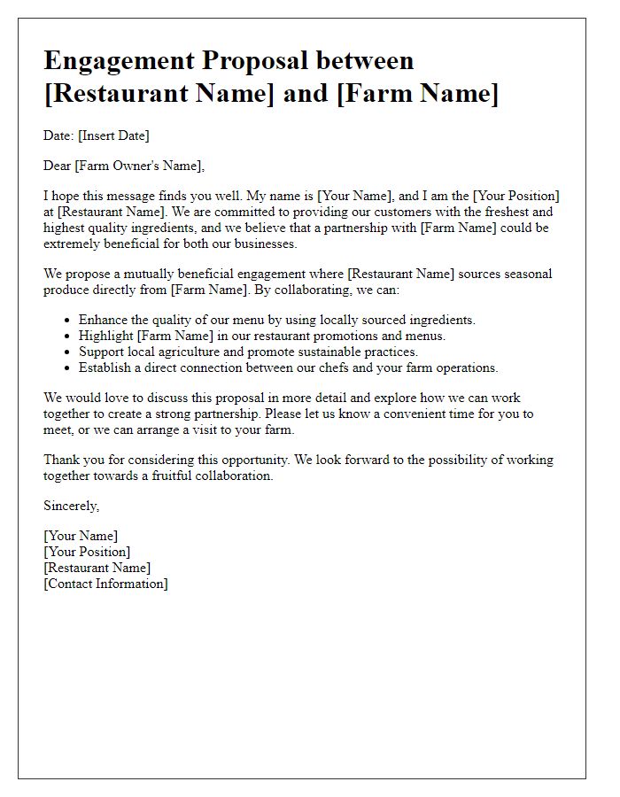 Letter template of mutually beneficial engagement proposal between restaurant and farm.