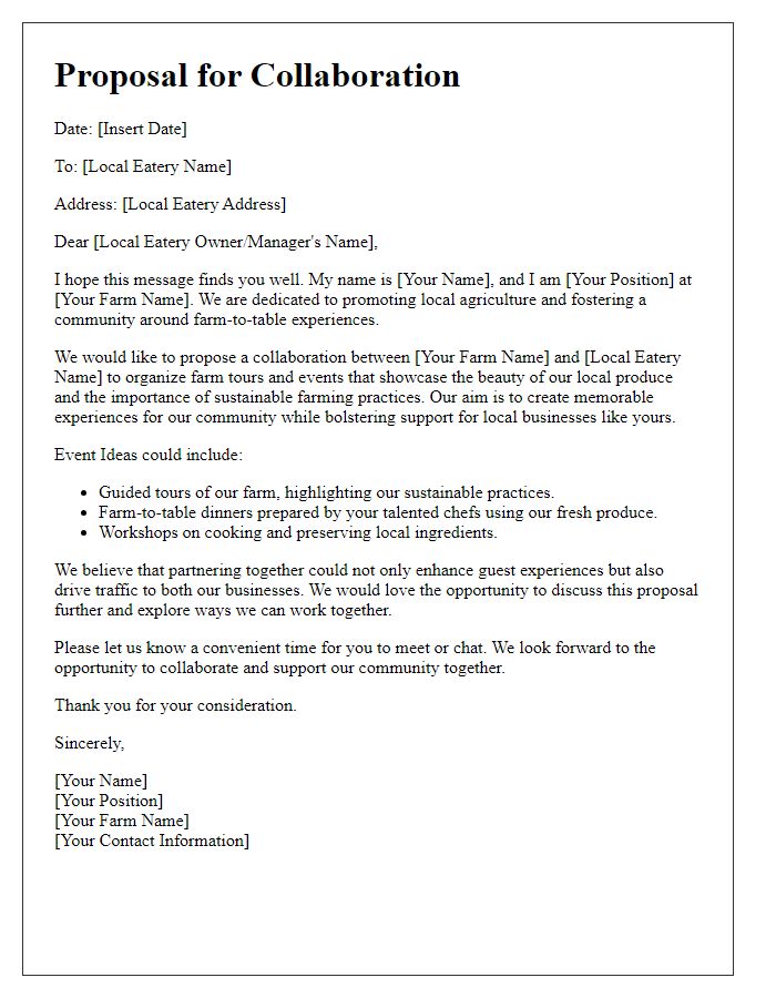 Letter template of proposal for farm tours and events collaboration with a local eatery.