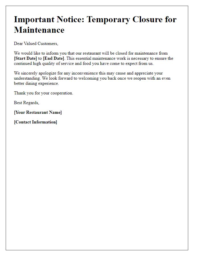 Letter template of restaurant closure for maintenance