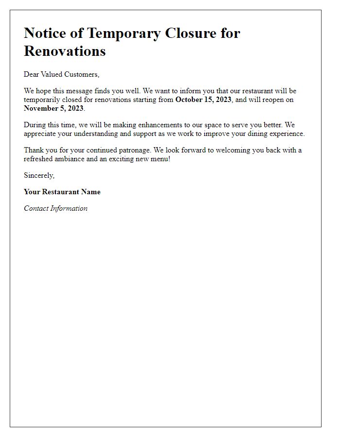 Letter template of restaurant closure for renovations