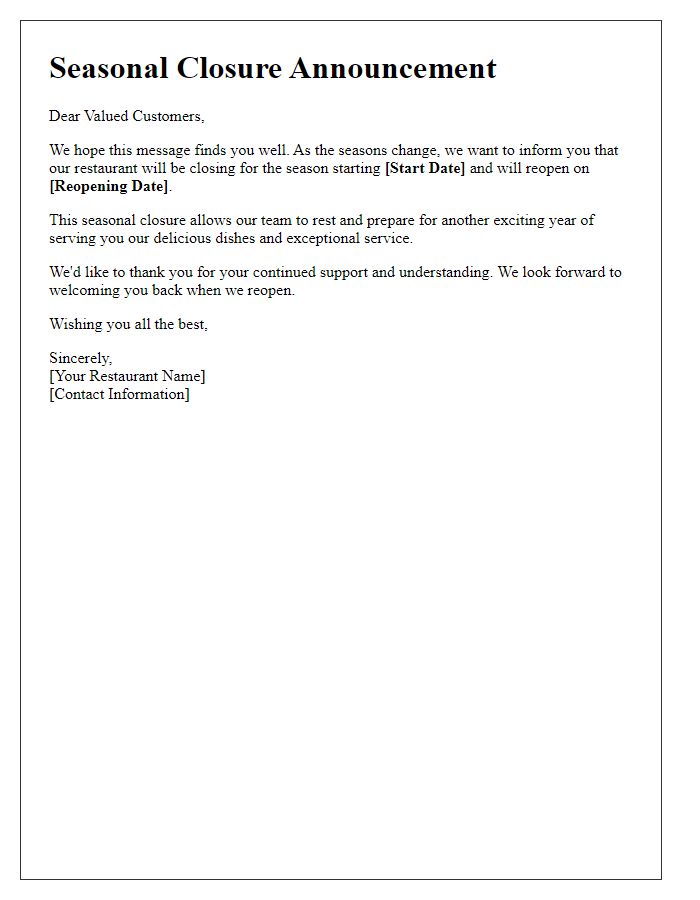 Letter template of restaurant seasonal closure update