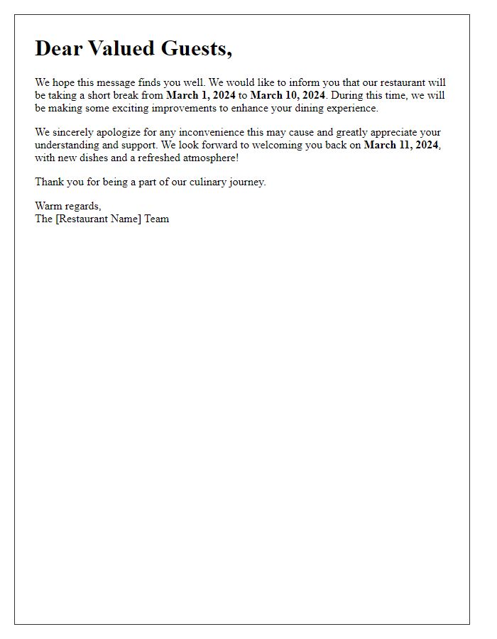 Letter template of restaurant short break announcement