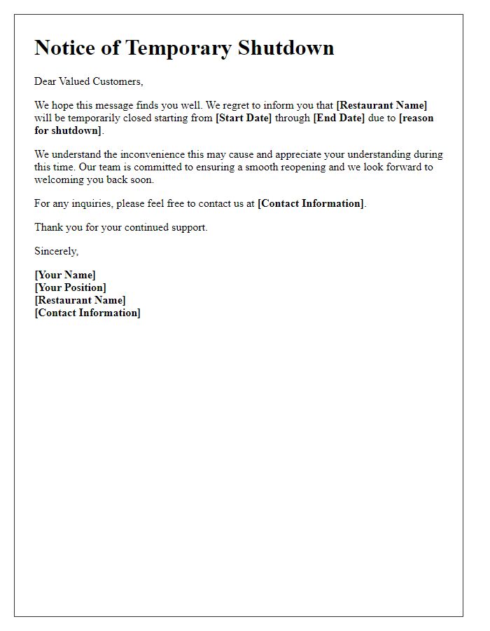 Letter template of restaurant temporary shutdown announcement