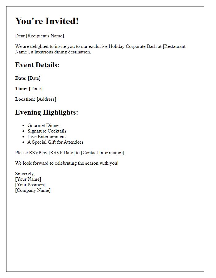 Letter template of luxurious restaurant holiday corporate bash invitation